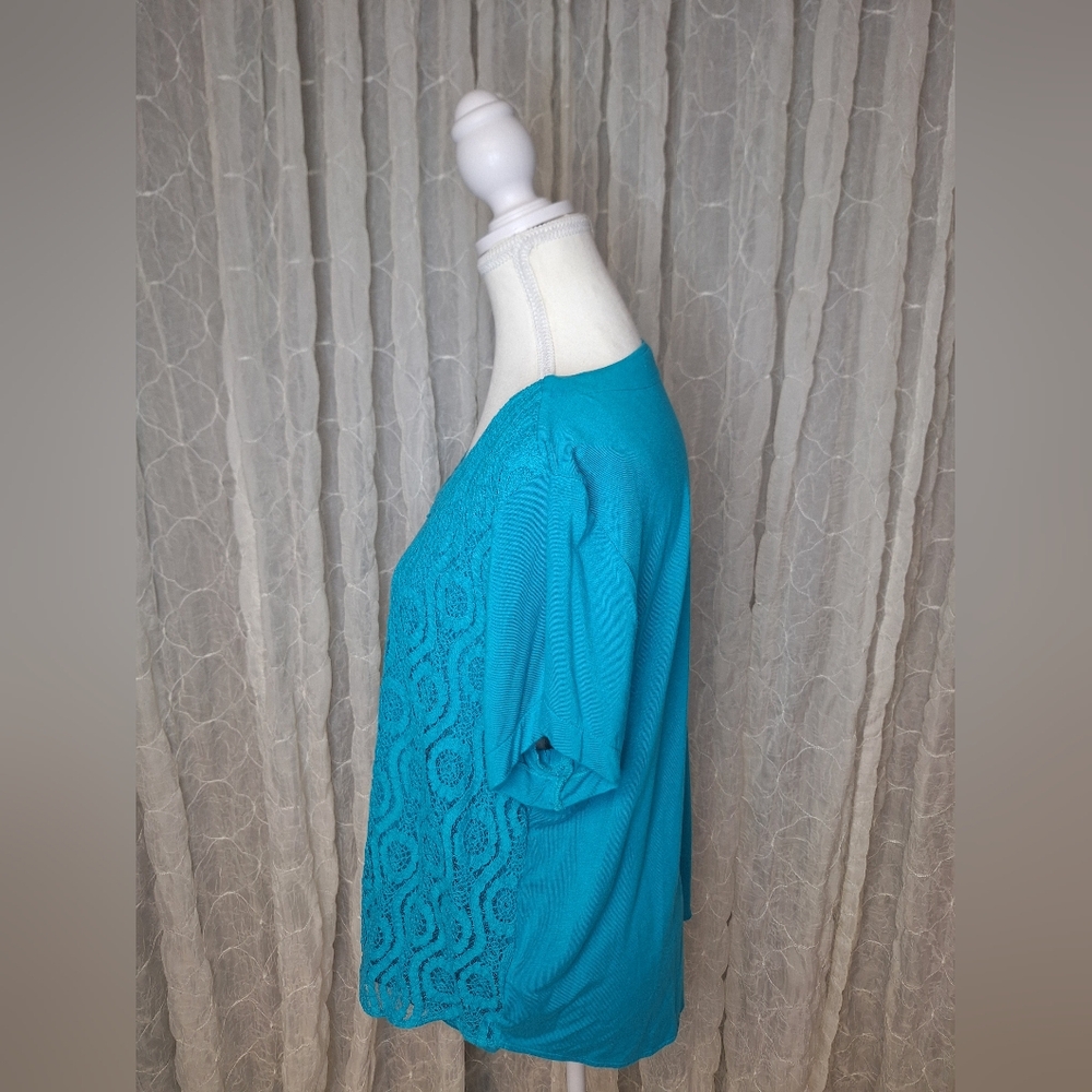 Croft & Barrow Teal Blue Lace Crochet Short Sleeve Scoop Neck Top PXL - Picture 3 of 6